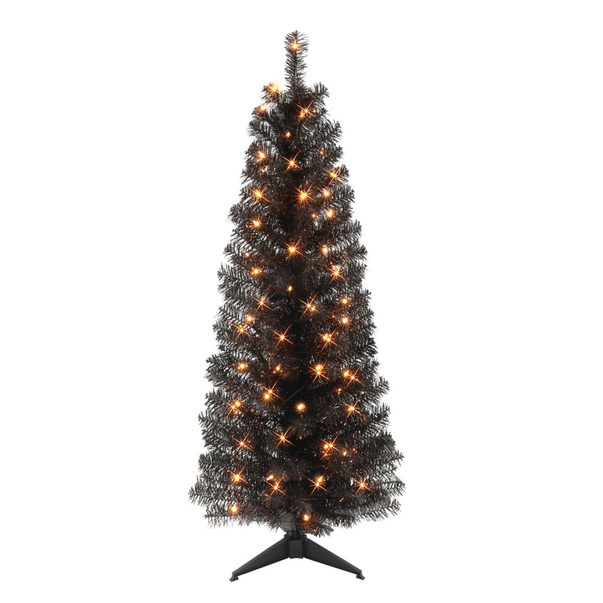 Puleo International 4.5' Pre-lit Black Tinsel Tree w/ 70 Clear Lights ...