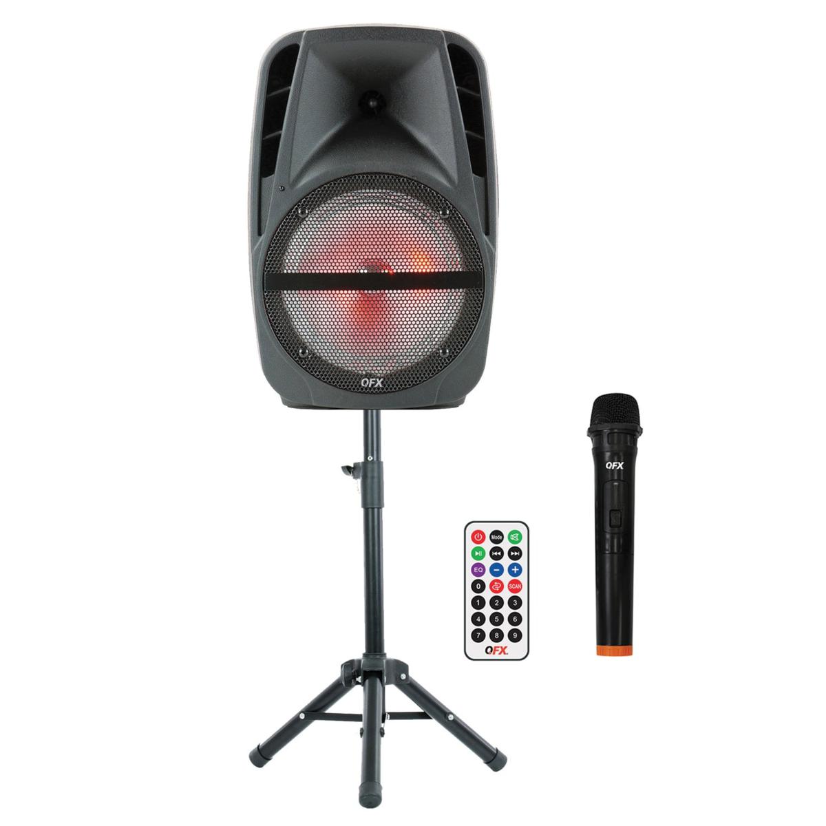 qfx portable party speaker with bluetooth mic and stand