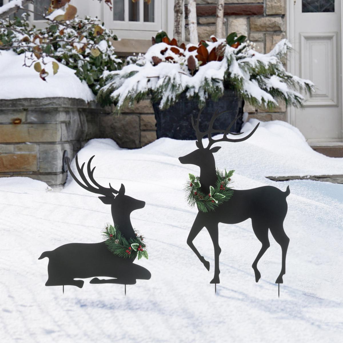 Set of 2 Christmas Metal Silhouette Reindeers Yard Stake or