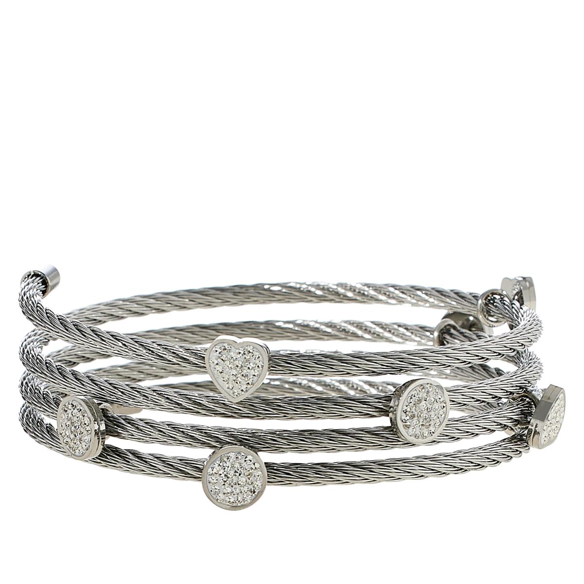 Stately Steel Stainless Steel Crystal Accented Coil Bracelet