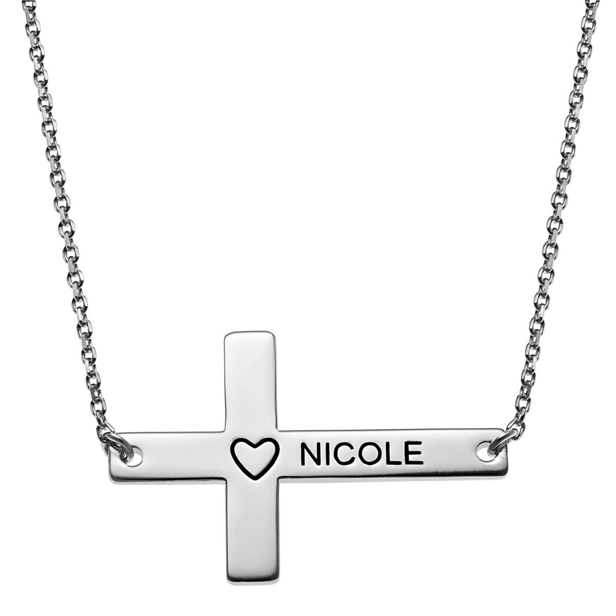 CPS Sterling Silver Personalized Name Sideways Cross with Heart Necklace - Metallic