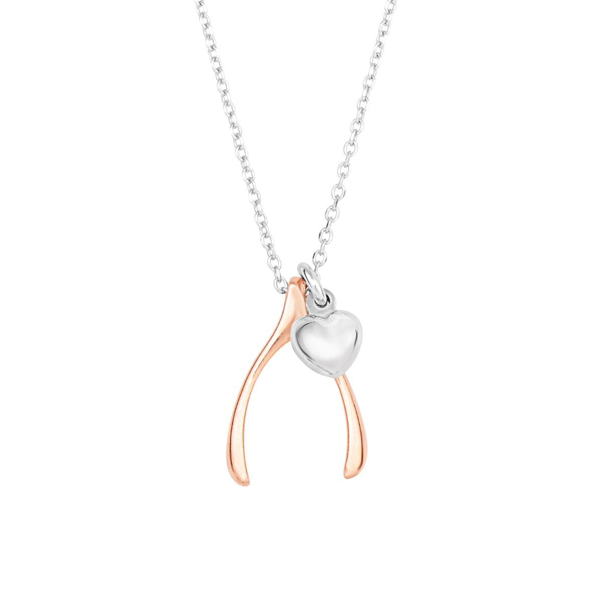 Sterling Silver Pink and Rhodium Finish 18 Polished Wishbone Necklace