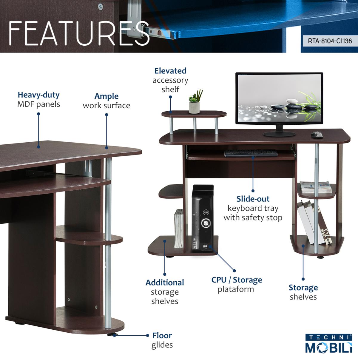 Techni Mobili  Compact Computer Desk With Side Shelf And Keyboard Panel