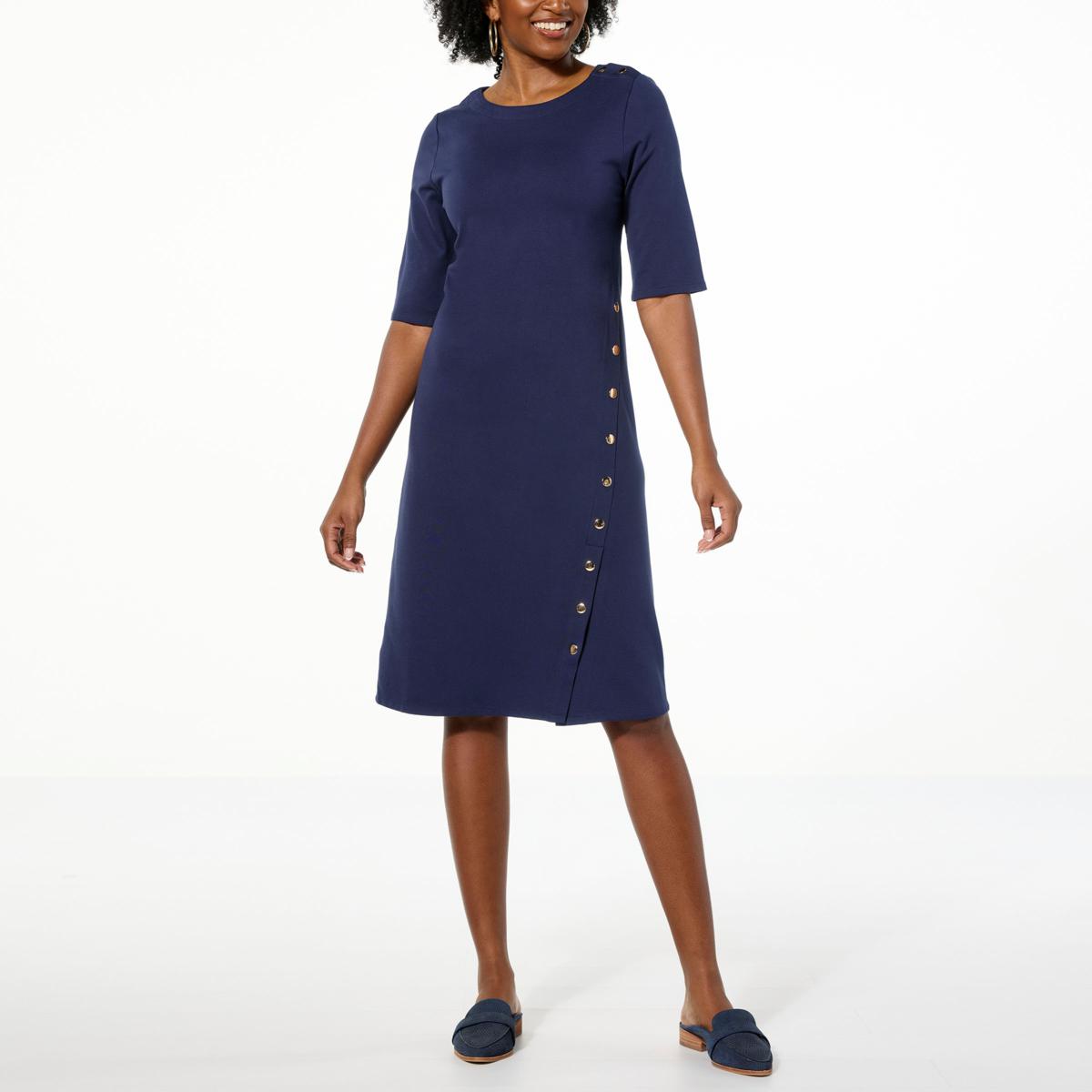 navy blue dress for baby girl Chico's ponte A-line elbow sleeve maxi dress in black 1/US 8 main image 1