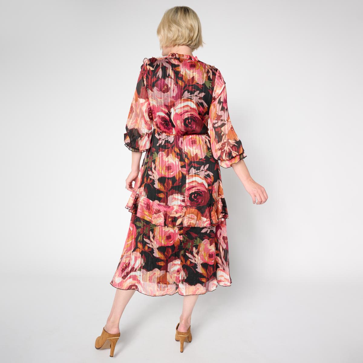 Tower Hill by Christie Brinkley Ruffled Chiffon Midi Dress - Patchwork Plaid - Size Small