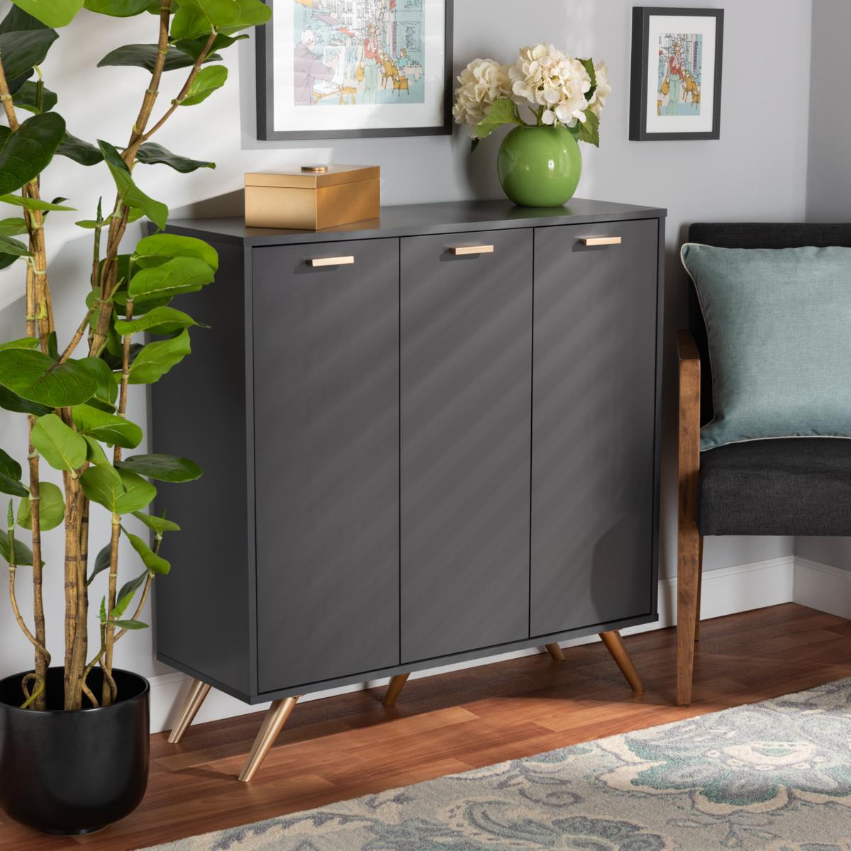 Baxton Studio Gisela Two-Tone Oak Wood 3-Door Shoe Cabinet – Dark Gray, 44" Wide, Mid-Century Style