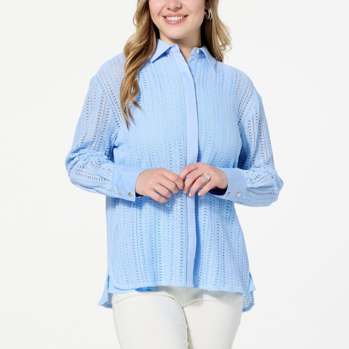 トップス clane BALLOONBLOUSON WynneCollection Woven Crochet Button-Down Shirt - 21619764 | HSN