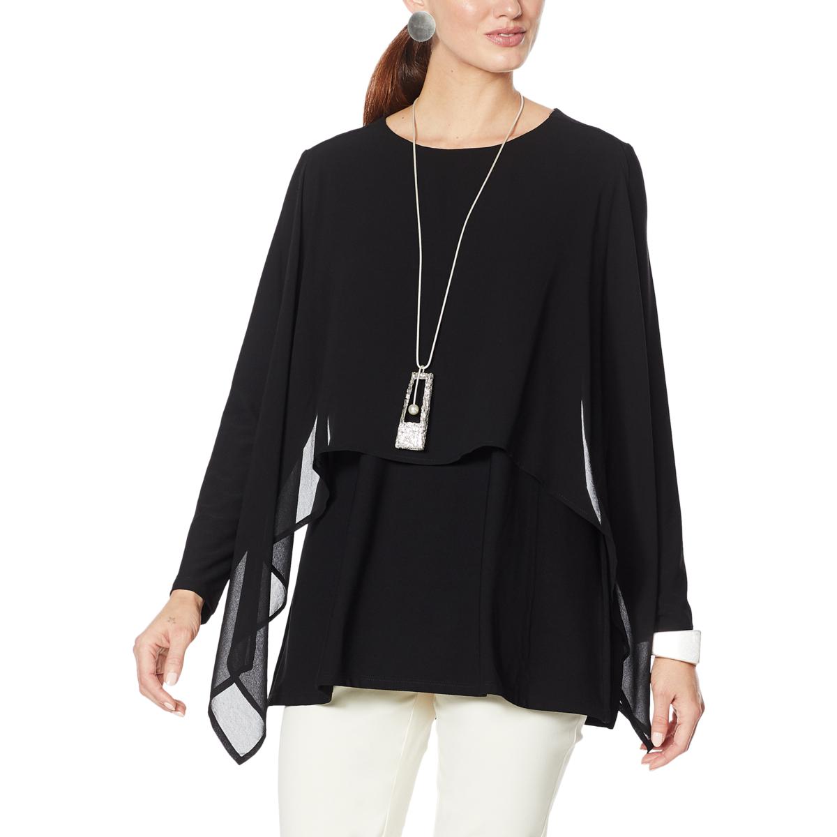 WynneLayers Chiffon Overlay Handkerchief Hem Poncho Top