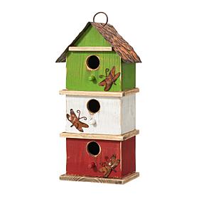 13.75"H Multicolored Distressed Solid Wood Three-Story Villa Birdhouse