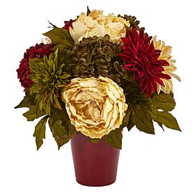 14 in. Peony, Hydrangea and Dahlia Artificial Arrangement in Burgun...