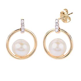 14K Gold 5.5-6mm Cultured Freshwater Pearl and Diamond Circle Earrings