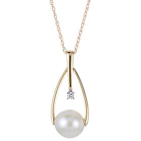 14K Gold 7-7.5mm Cultured Pearl and Diamond Abstract Drop Necklace 