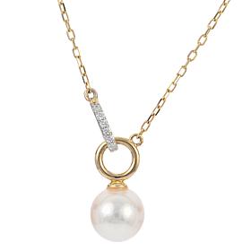 14K Gold 7.5-8mm Cultured Akoya Pearl and Diamond Bar Drop Necklace 