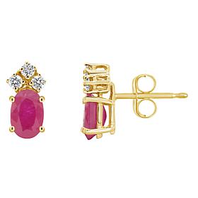 14K Yellow Gold 6x4mm Oval-Cut Gemstone and 3-Diamond Stud Earrings