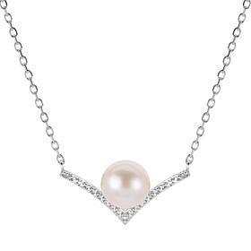 18" 8-8.5mm Cultured Pearl and Created Gem Chevron Drop Necklace