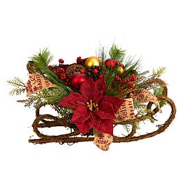 18” Christmas Sleigh with Poinsettia, Berries and Pinecones