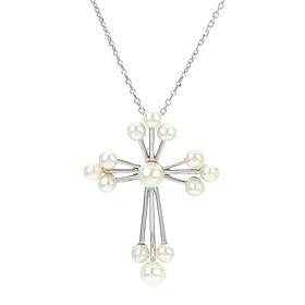 18" Sterling Silver 3-4.5mm Cultured Pearl Cross Pendant Necklace