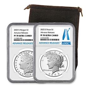 2025 PR70 PCGS Advance Release Morgan and Peace Silver Dollar Set