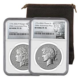 2026 ANACS Morgan Dollar & Peace Dollar Reverse Proof NGC 70 Coin Set