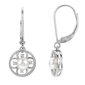 4-5mm Cultured Pearl and Created Sapphire Quatrefoil Drop Earrings