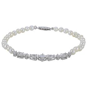 4-5mm Cultured Pearl and Created White Sapphire Station Bracelet