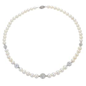 5-8mm Cultured Pearl and Crystal Filigree Clasp Station Necklace