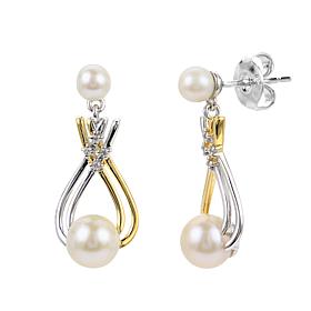 6-6.5mm Cultured Pearl and Created Sapphire Two-Tone Drop Earrings