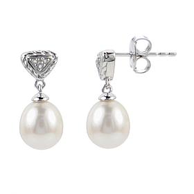 7-8mm Cultured Pearl and White Topaz Twist Triangle Drop Earrings