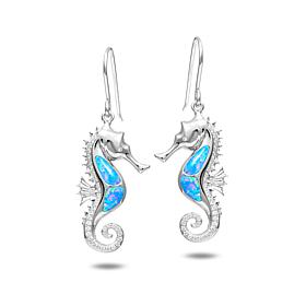 Alamea Sterling Silver Synthetic Blue Opal Seahorse Earrings