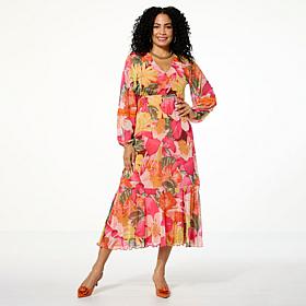 Antthony Printed Mesh Bishop-Sleeve Patio Dress