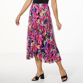 Antthony Printed Mesh Knit Midi Skirt with Front Slit