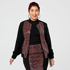 "As Is" Byron Lars Animal Print Sequin Knit Bomber Jacket