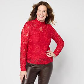 "As Is" C Wonder Chiffon Lace Top with 3D Floral Appliqué