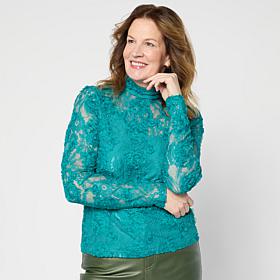 "As Is" C Wonder Chiffon Lace Top with 3D Floral Appliqué