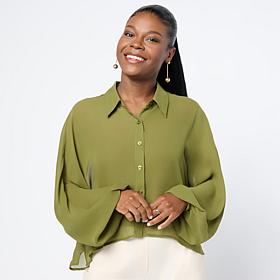 "As Is" Colleen Lopez Button Front Dolman Sleeve Woven Top