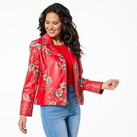 "As Is" Colleen Lopez Embroidered Faux Leather and Print Moto Jacket