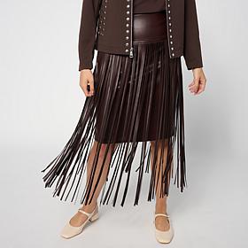 "As Is" Colleen Lopez Faux Leather Midi Skirt with Fringe