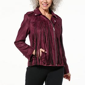"As Is" Colleen Lopez Faux Suede Moto Jacket with Fringe