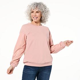 "As Is" Colleen Lopez French Terry Pullover with Faux Leather Sleeves