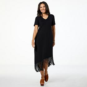 "As Is" Colleen Lopez Knit Everywhere T-Shirt Dress with Fringe Hem