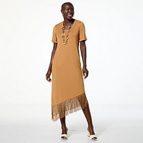 "As Is" Colleen Lopez Knit Everywhere T-Shirt Dress with Fringe Hem