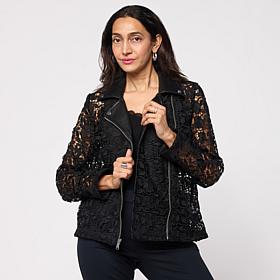 "As Is" Colleen Lopez Lace Moto Jacket with Solid Trim