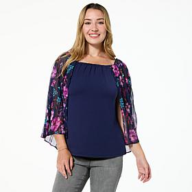 "As Is" Colleen Lopez Off Shoulder Knit Tank with Print Woven Cape
