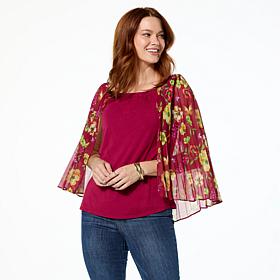 "As Is" Colleen Lopez Off Shoulder Knit Tank with Print Woven Cape