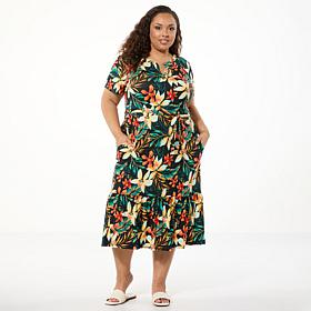 "As Is" Comfort Code Jersey Knit Belted Tiered-Hem Midi Dress