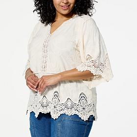"As Is" Democracy Embroidered Crochet Trim Peplum Top