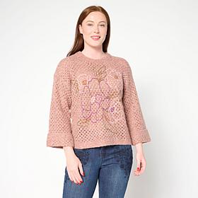 "As Is" Democracy Floral Embroidered 3/4-Sleeve Sweater