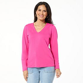 "As Is" DG2 by Diane Gilman Cotton Knit Pleated Curtain Shoulder Top