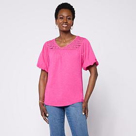 "As Is" DG2 by Diane Gilman Cotton Modal Lace Yoke Bubble Sleeve Top