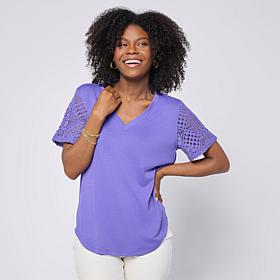 "As Is" DG2 by Diane Gilman Crochet Lace V-Neck Tee